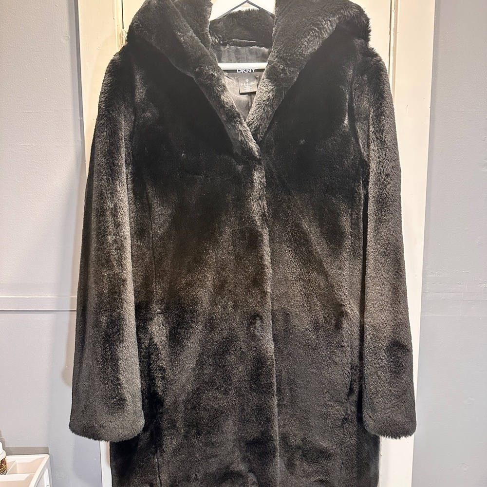 DKNY Black Faux Fur Coat